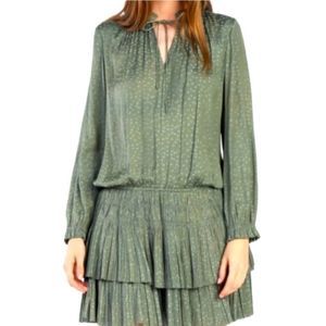 Current Air Los Angeles Small Green Star Jacquard Long Sleeve Smocked Mini Dress